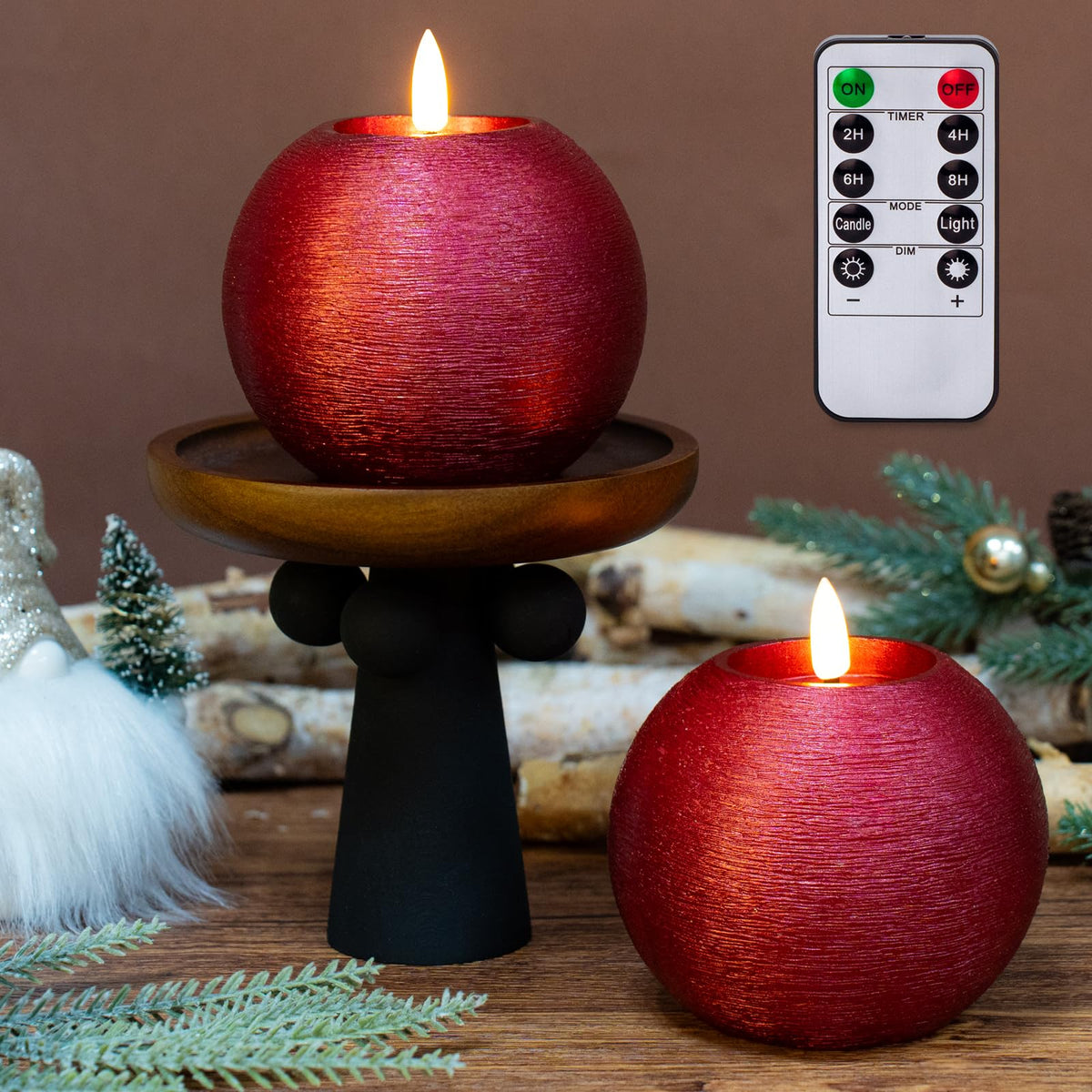 Lumeavetra red glitter round candle for safe, decorative holiday lighting.