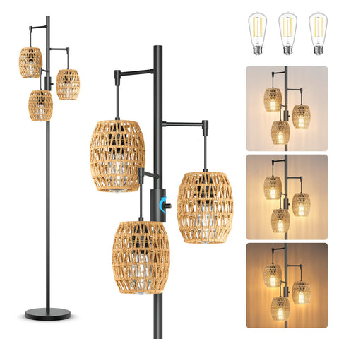 Lumenfox Boho Rattan Floor Lamp with shades for warm ambience and soft diffused light