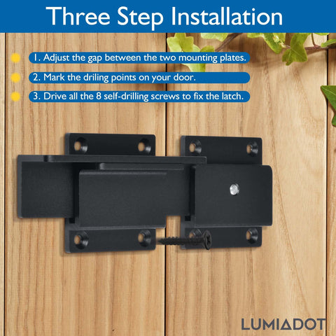 Lumiadot outdoor latch fits sliding or swing doors on wooden fences.