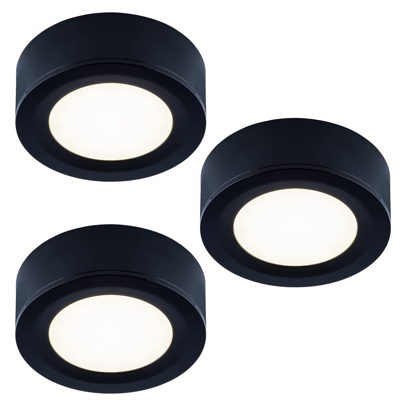 LUMILAND puck light, cabinet side view, compact task lighting for kitchens.