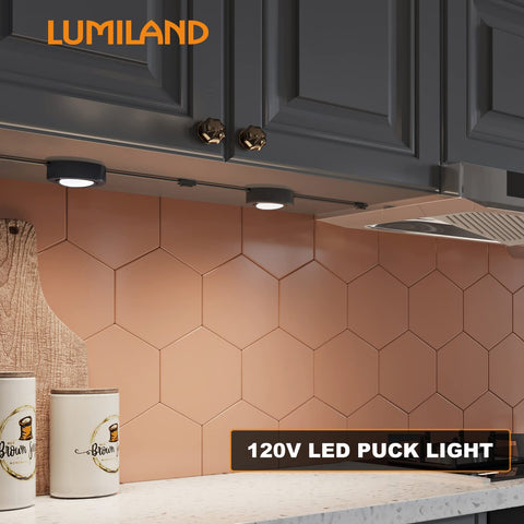 LUMILAND puck light plugged in with a 5 ft power cord.
