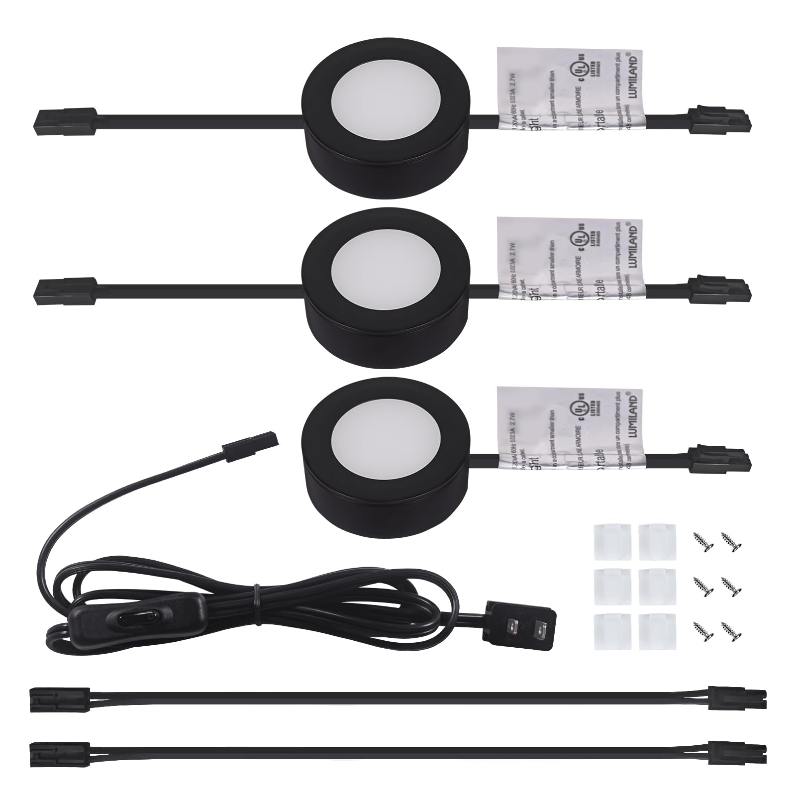 LUMILAND puck light installed under cabinet with connector cable.