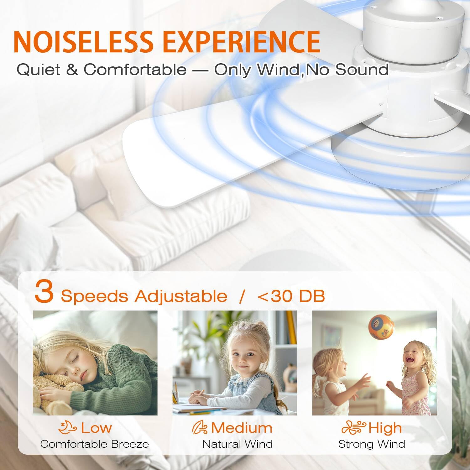 LUMILECT Socket Fan Light whisper-quiet operation for peaceful rooms.