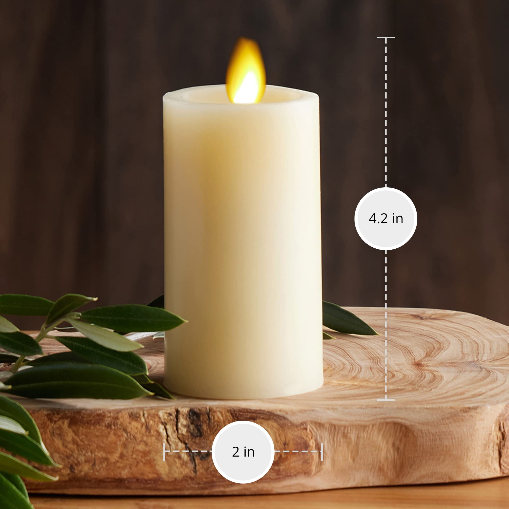 Battery compartment and bottom switch keep the ivory candle tidy on shelves.