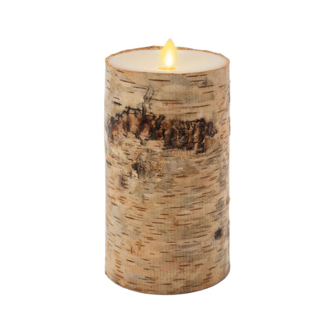 Luminara birch bark wrapped candle adds natural texture for year-round décor