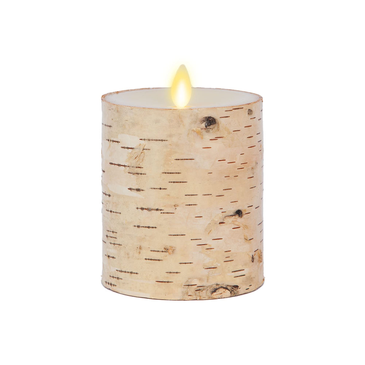 Luminara birch bark wrapped pillar enhances natural décor indoors with flameless realism.