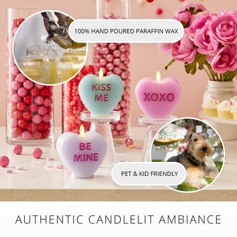 Luminara Be Mine Gentle Lavender candle evokes soothing atmosphere for bath or bedroom.