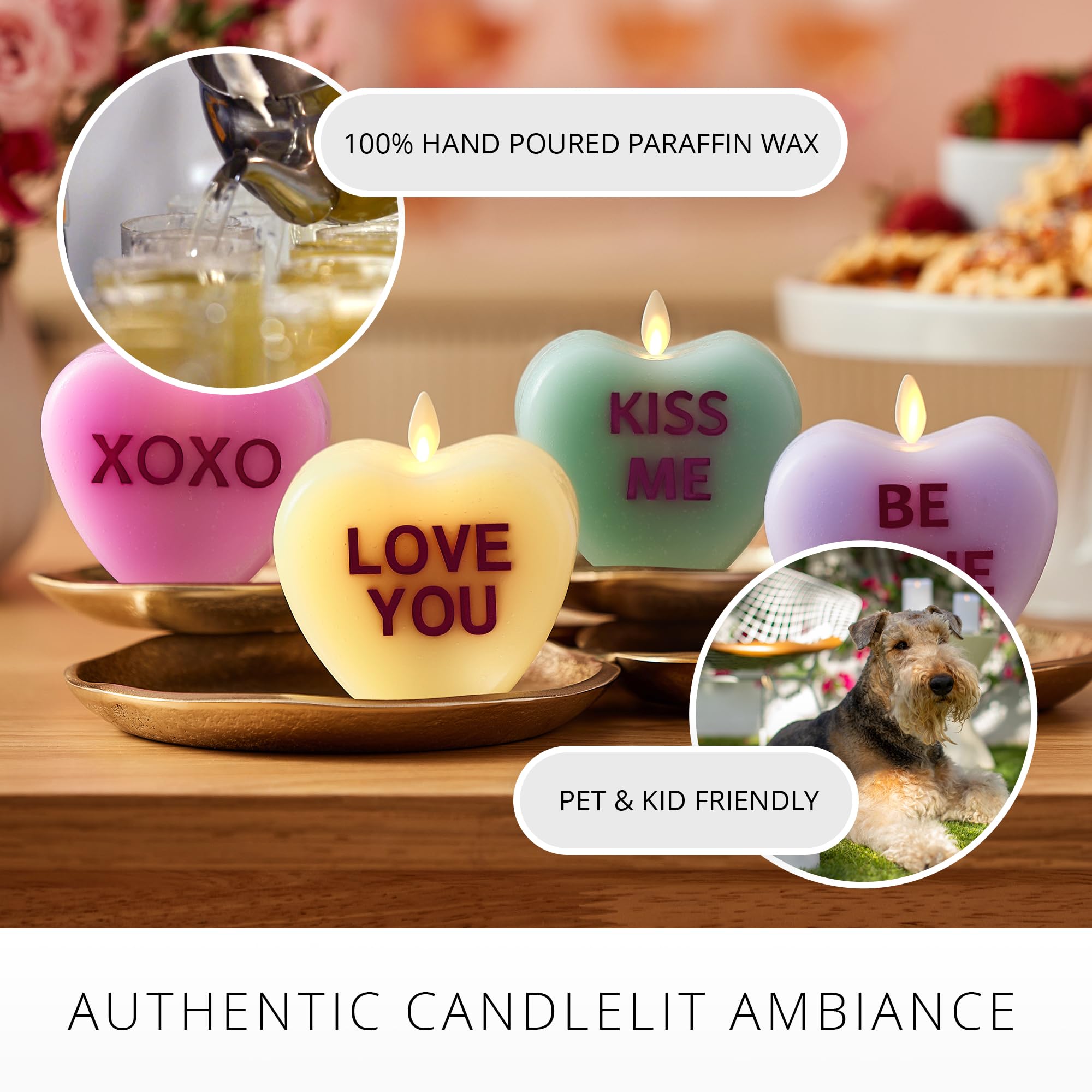 Luminara candle closeup showing wax texture and flickering flame tongue realism