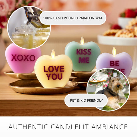 Luminara candle closeup showing wax texture and flickering flame tongue realism
