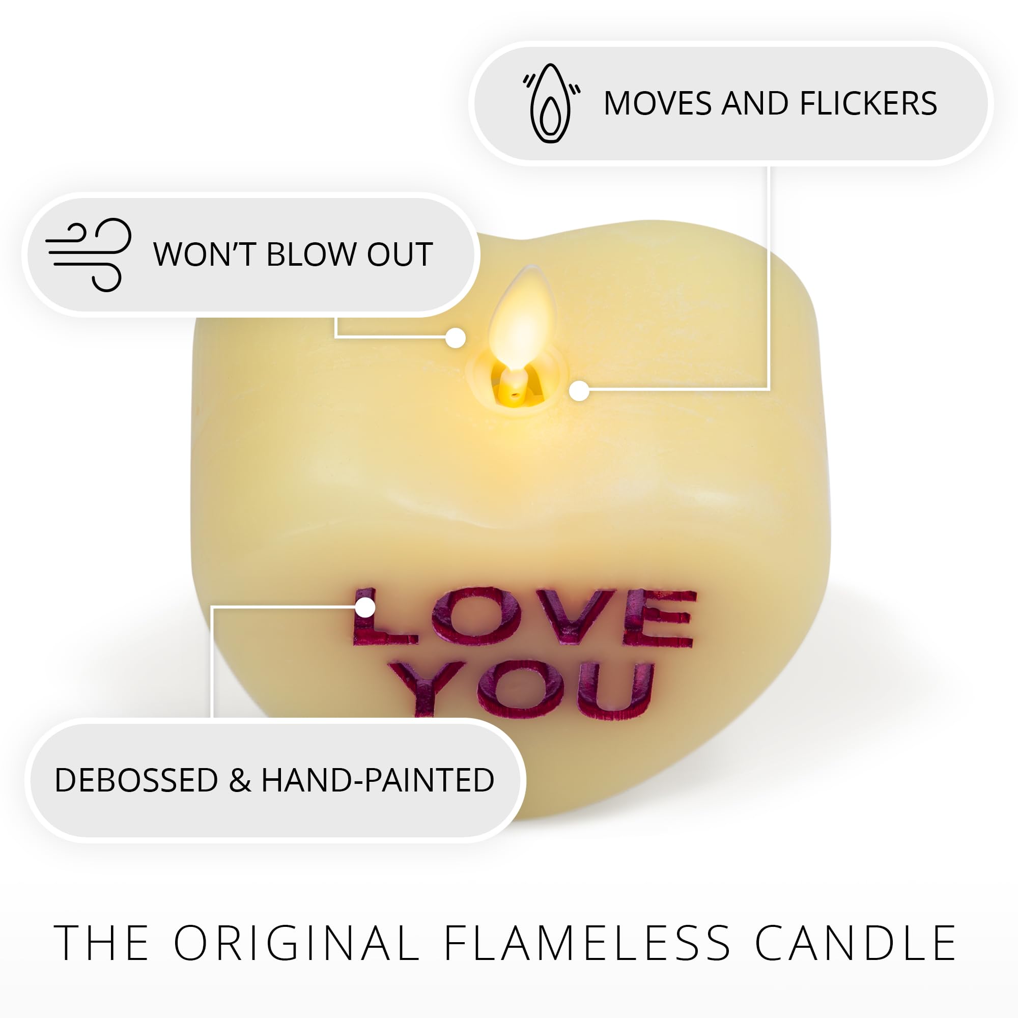 Luminara candy heart XOXO Pastel Orchid candle with warm inviting glow