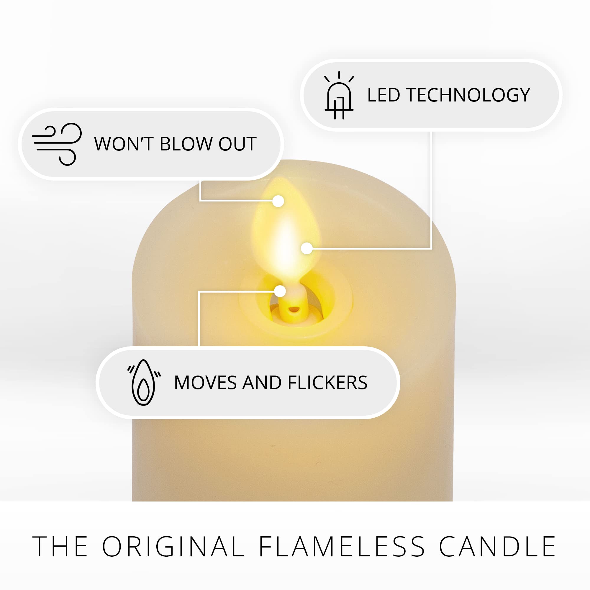 Luminara Classic Slim ivory candle front view with warm glow for cozy corners