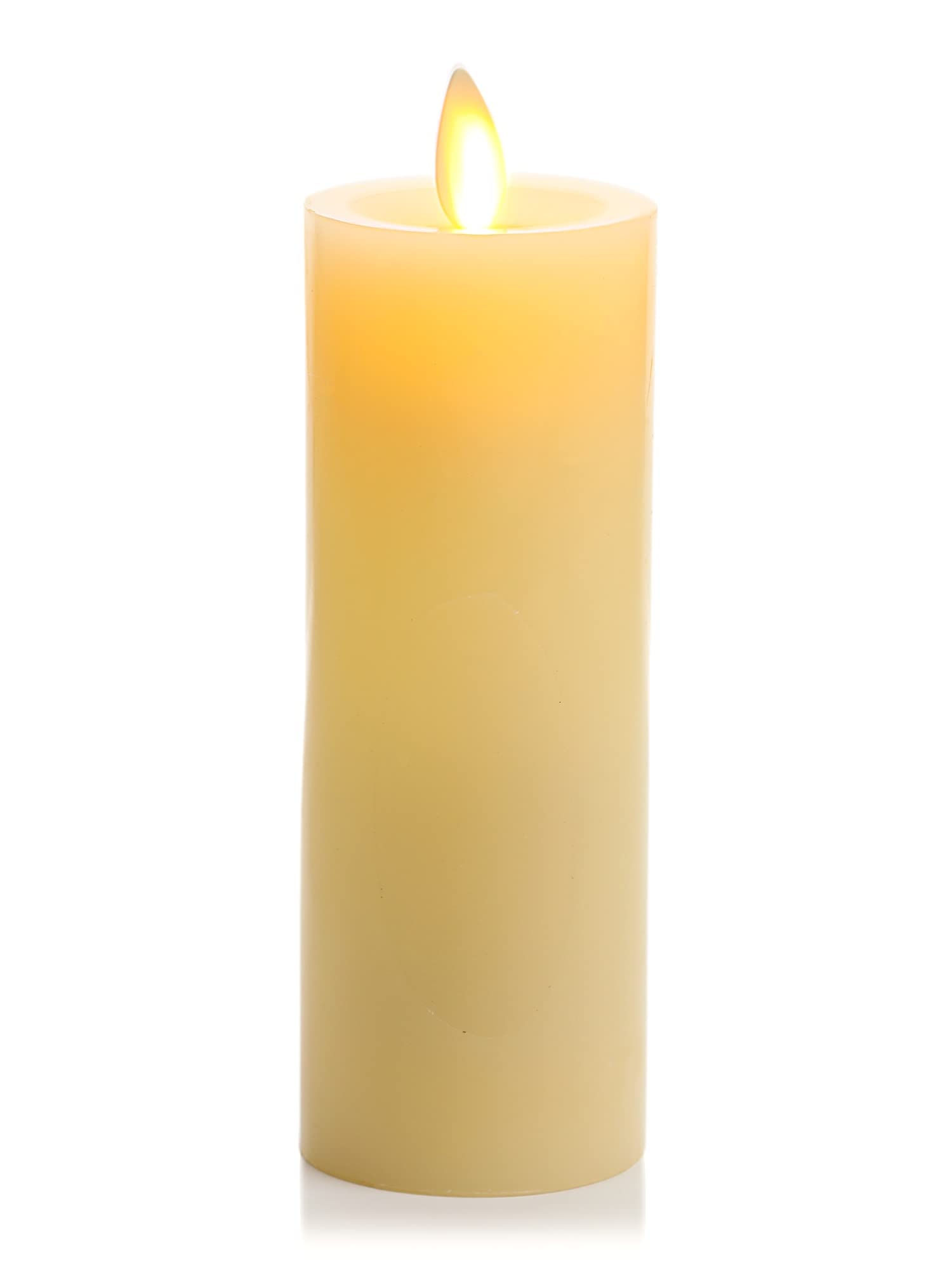 Luminara Classic Slim flameless candle in ivory, side view showing safe ambient lighting for shelves