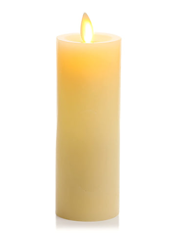 Luminara Classic Slim flameless candle in ivory, side view showing safe ambient lighting for shelves