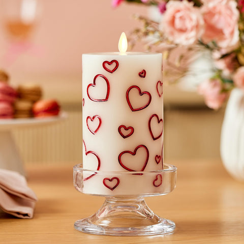 Luminara Debossed Hearts 3.4x6.5-inch candle closeup with debossed hearts