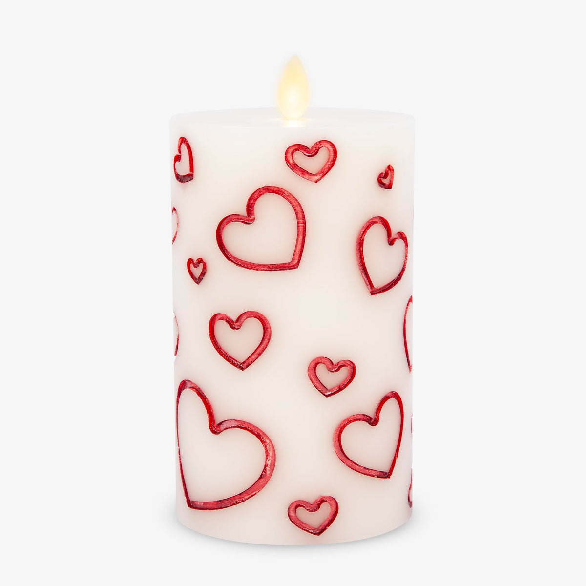 Luminara Debossed Hearts 6.5-inch metallic red pillar candle glowing romantically
