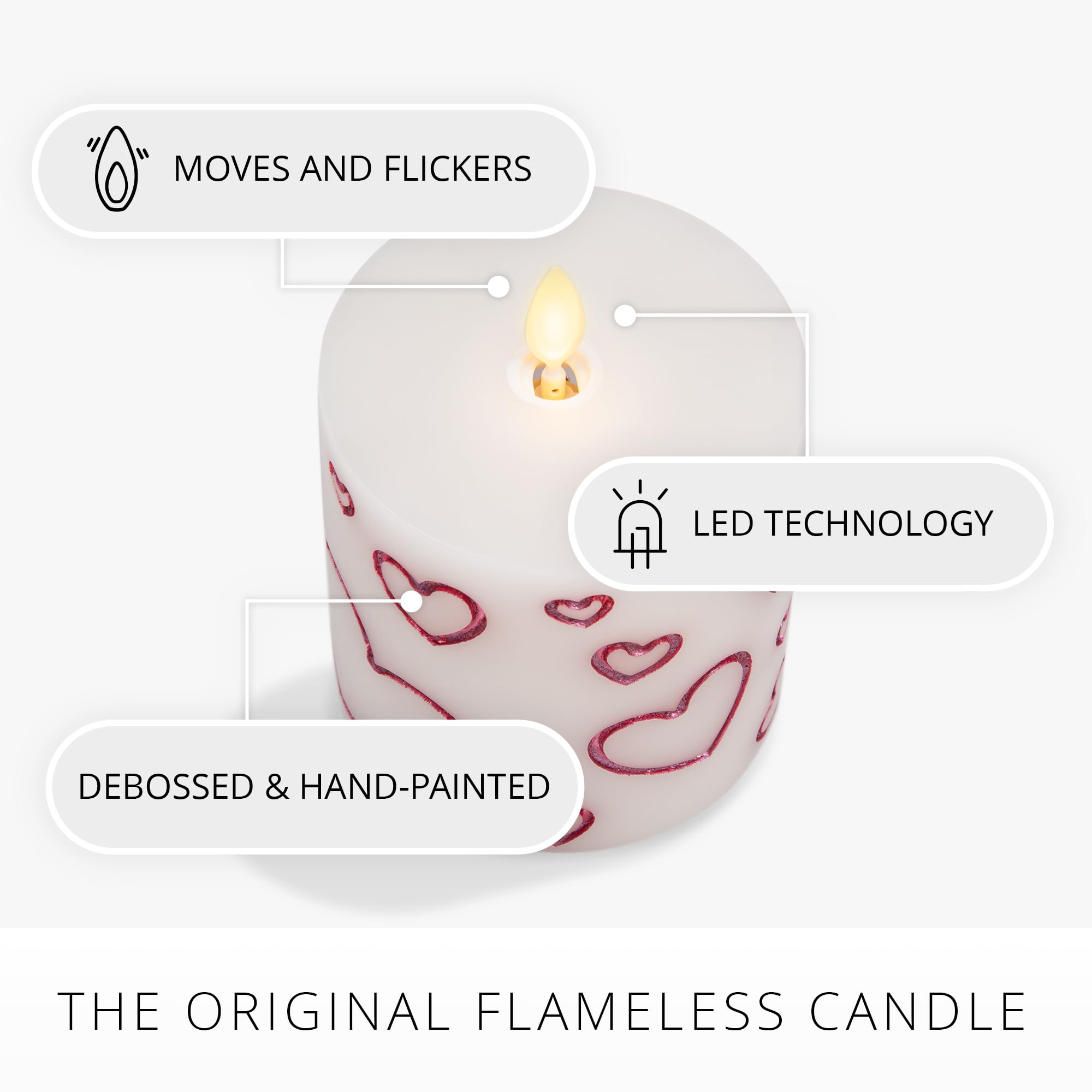 Luminara Debossed Hearts Pillar on dining table creating intimate ambiance