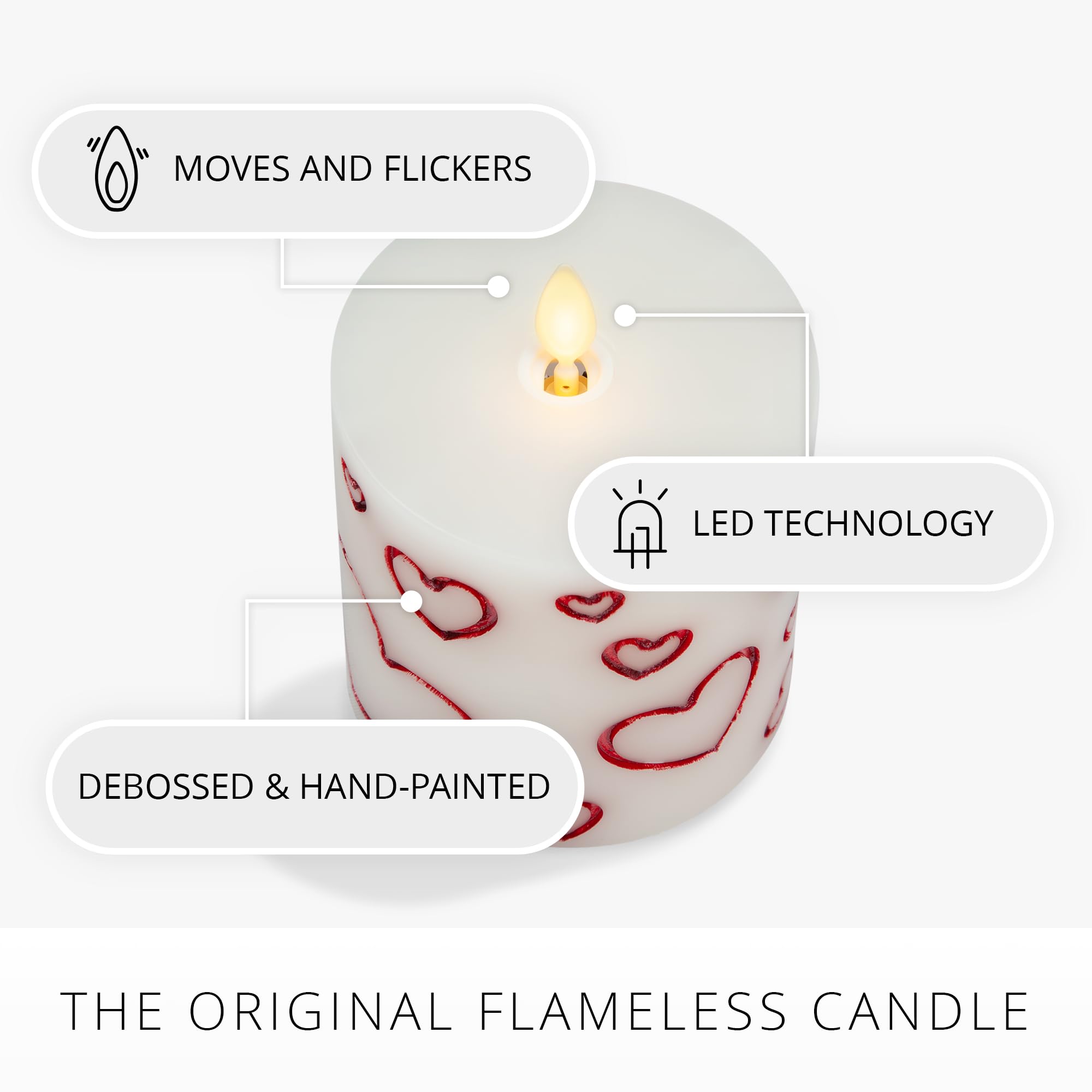 Luminara Debossed Hearts red pillar on mantel emits soft, safe glow.