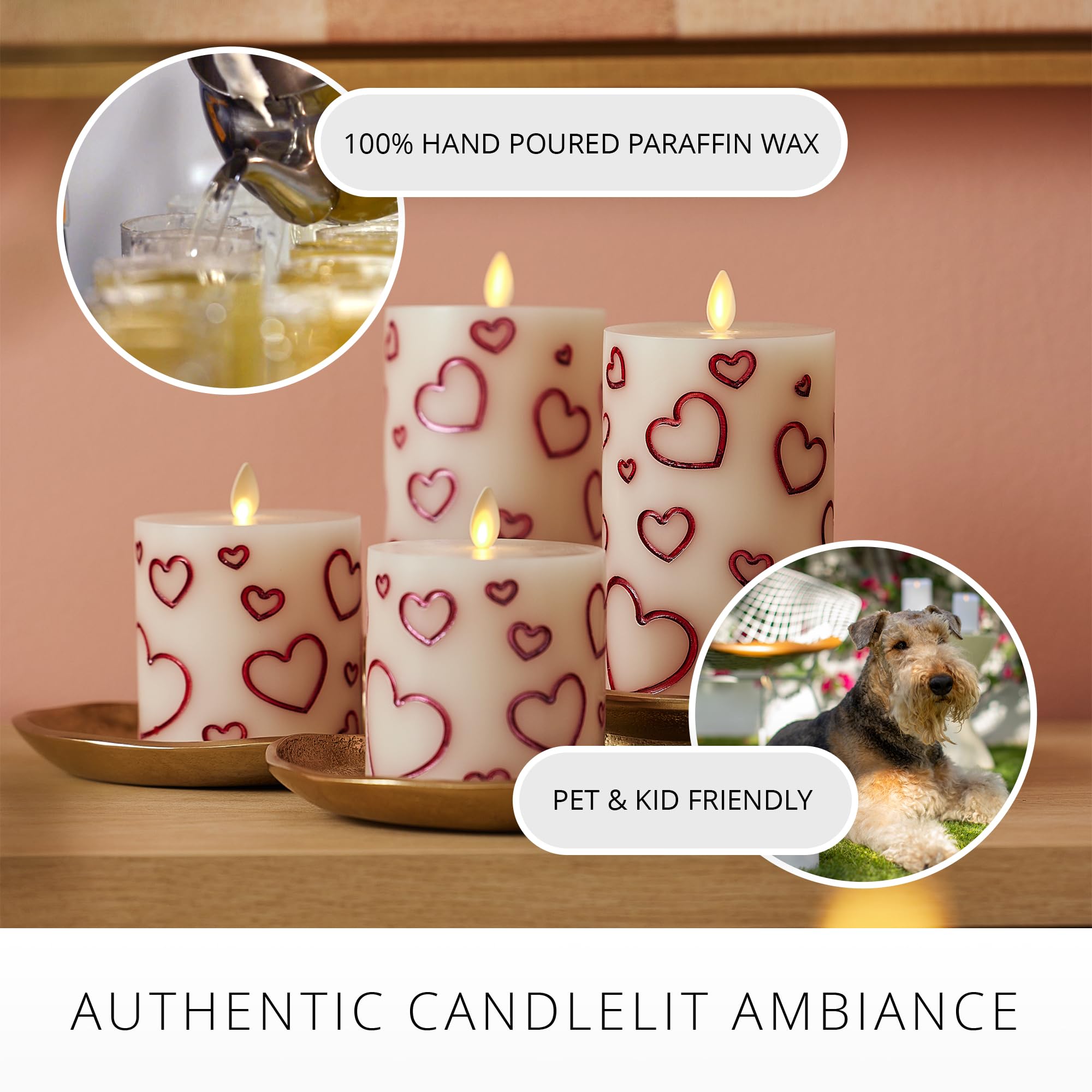 Luminara Debossed Hearts fire-free timer candle for scheduled ambiance.