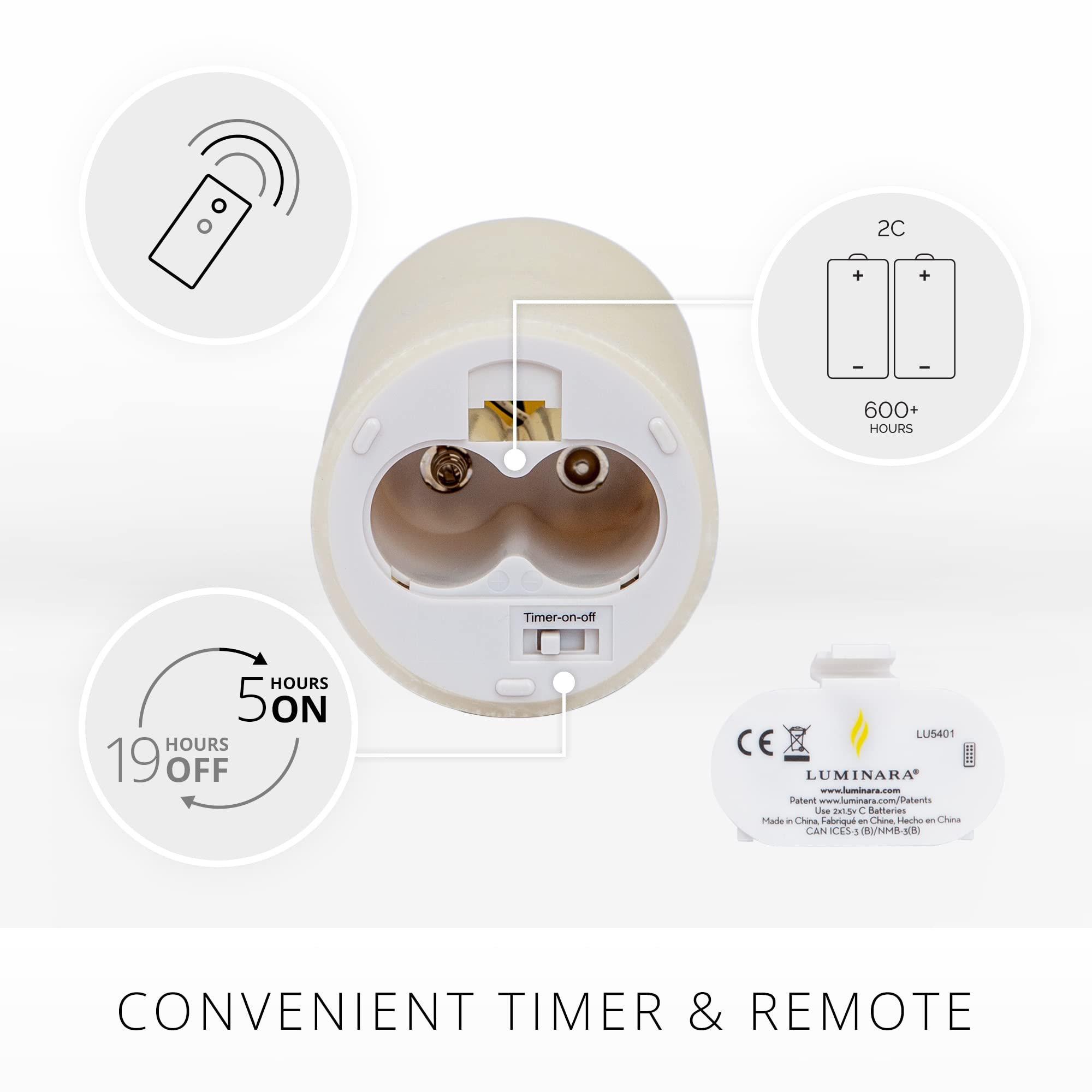 Luminara ivory flameless pillar candle battery-compartment for simple replacement.