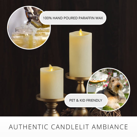 Luminara ivory flameless pillar candle is safe indoors around kids.