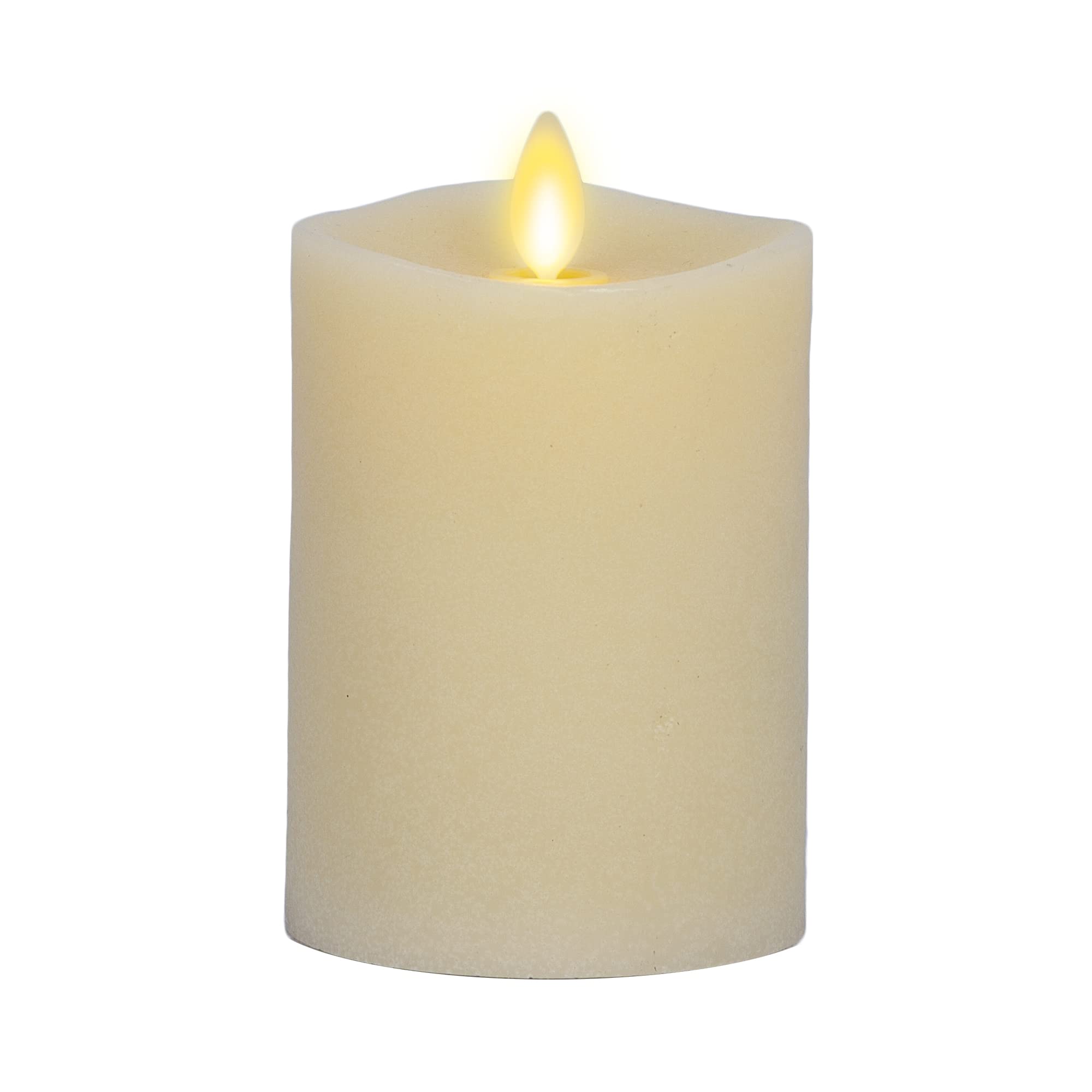 Luminara ivory flameless pillar candle with top flame creates warm evenings.