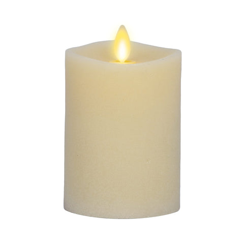 Luminara ivory flameless pillar candle with top flame creates warm evenings.