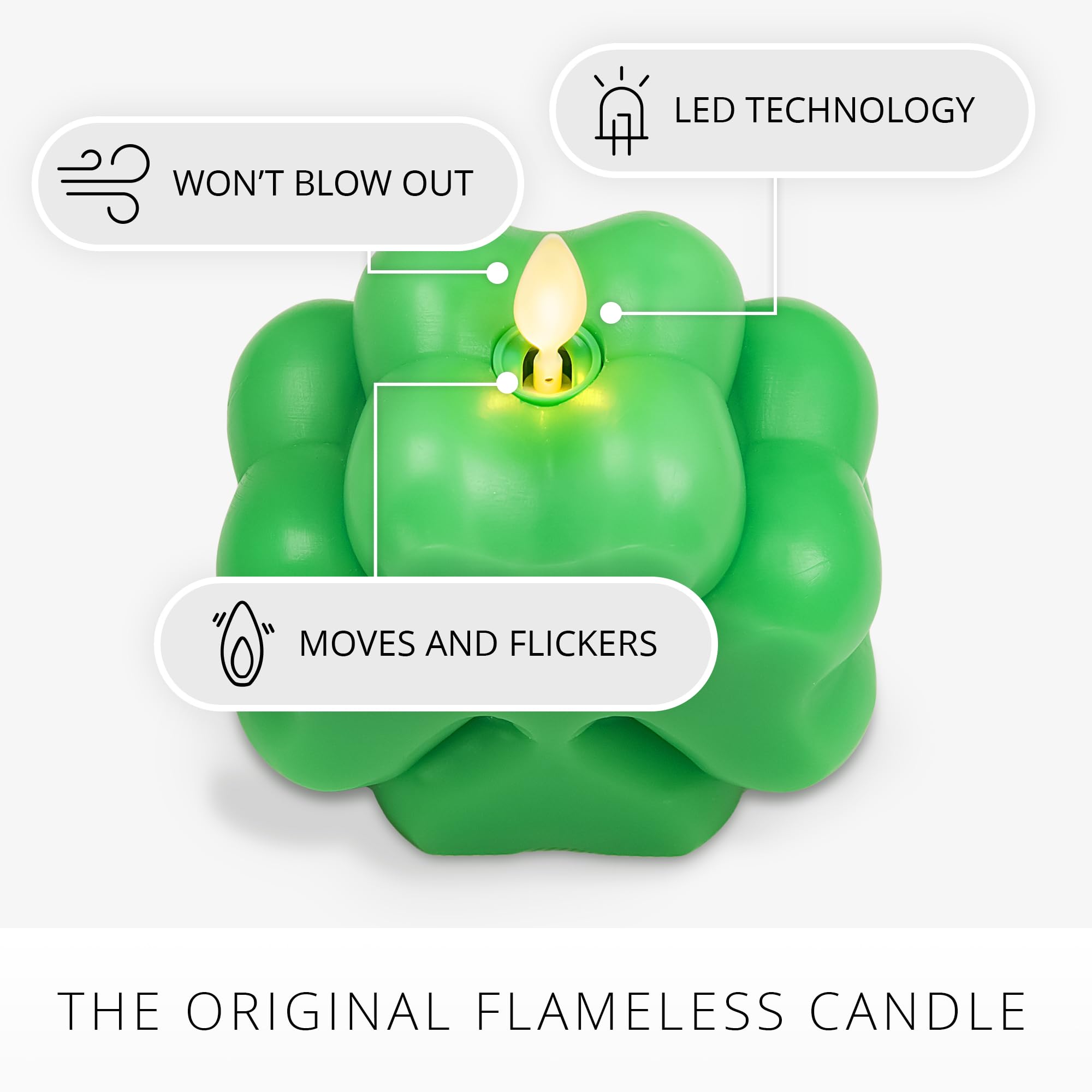 Luminara green shamrock close-up highlights textured wax and safe, ambient lighting.
