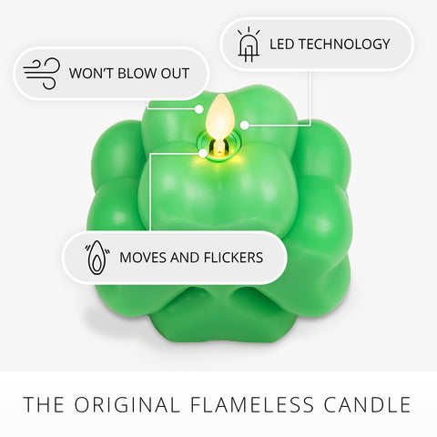 Luminara green shamrock close-up highlights textured wax and safe, ambient lighting.