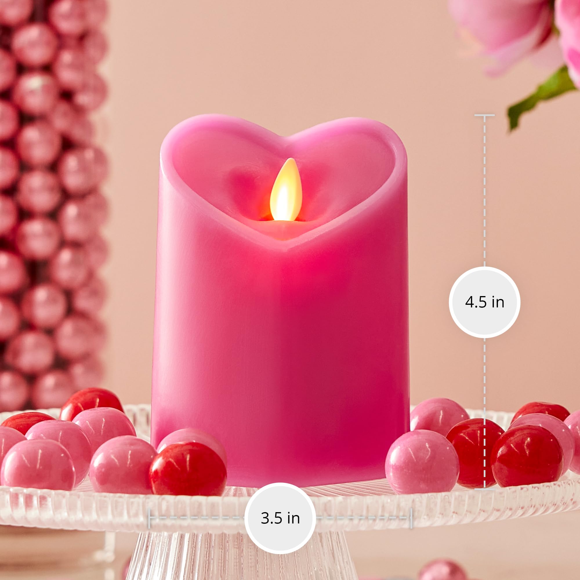Luminara heart pillar measures 3.5 by 4.5 inches for compact display