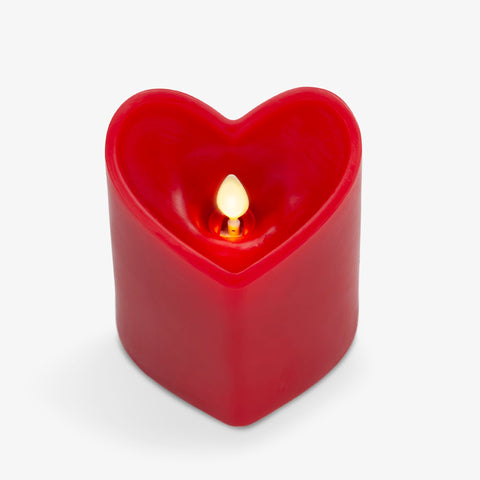 Luminara heart-pillar-red candle with realistic flicker for romantic ambiance.