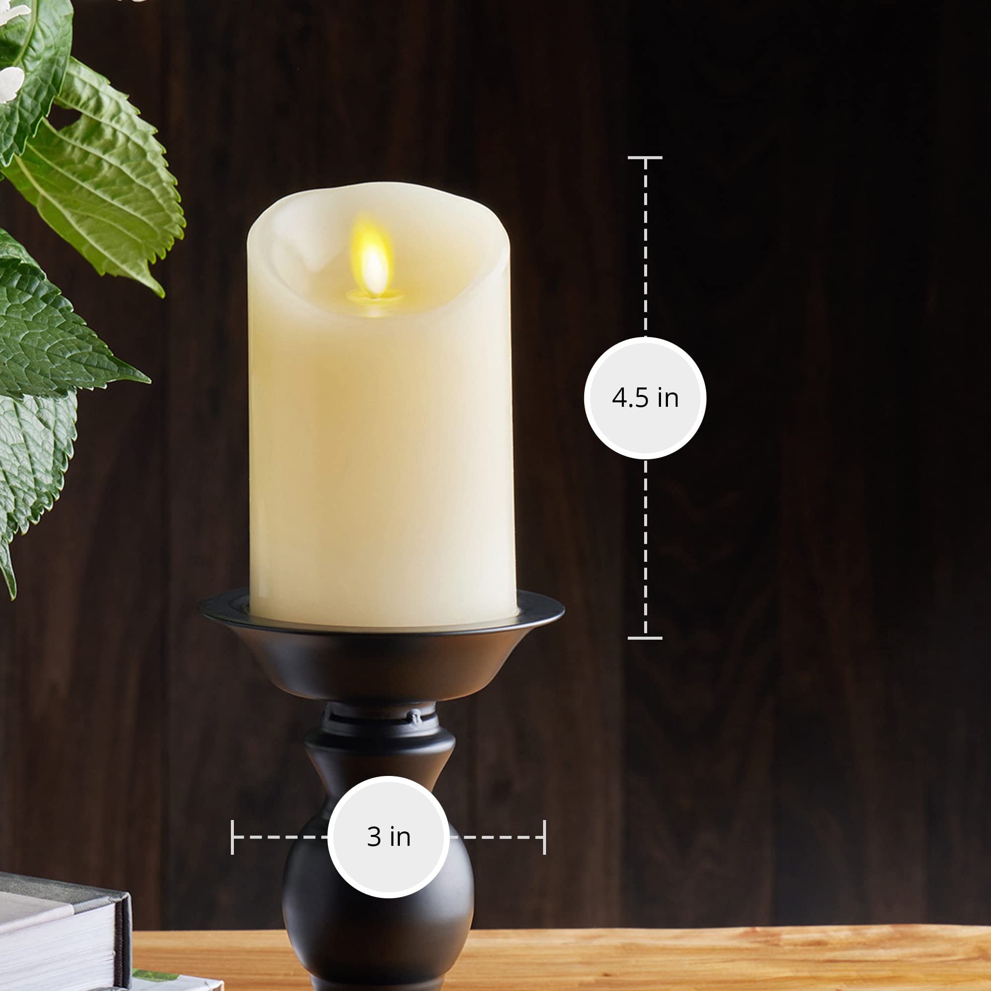Luminara ivory pillar 3x4.5 inches fits compact shelves.