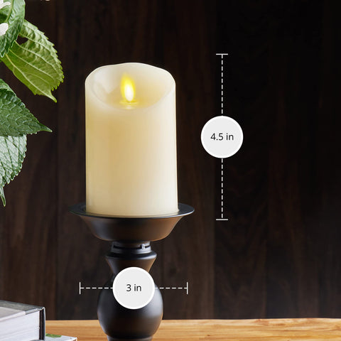Luminara ivory pillar 3x4.5 inches fits compact shelves.