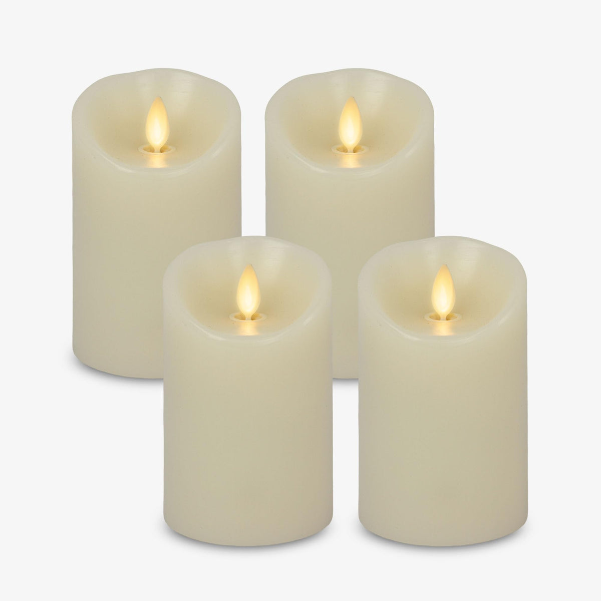 Luminara Ivory pillar candles four-pack provide safe, long-lasting ambient light.