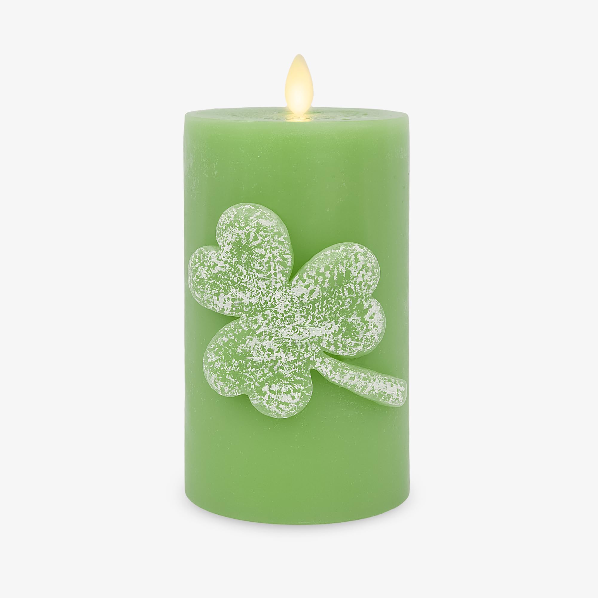 Luminara Lucky Green Shamrock Pillar Candle with lifelike flame for festive decor