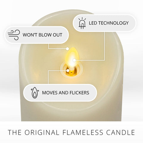 Luminara moving flame ivory pillar 4x7 provides safe, lifelike illumination.