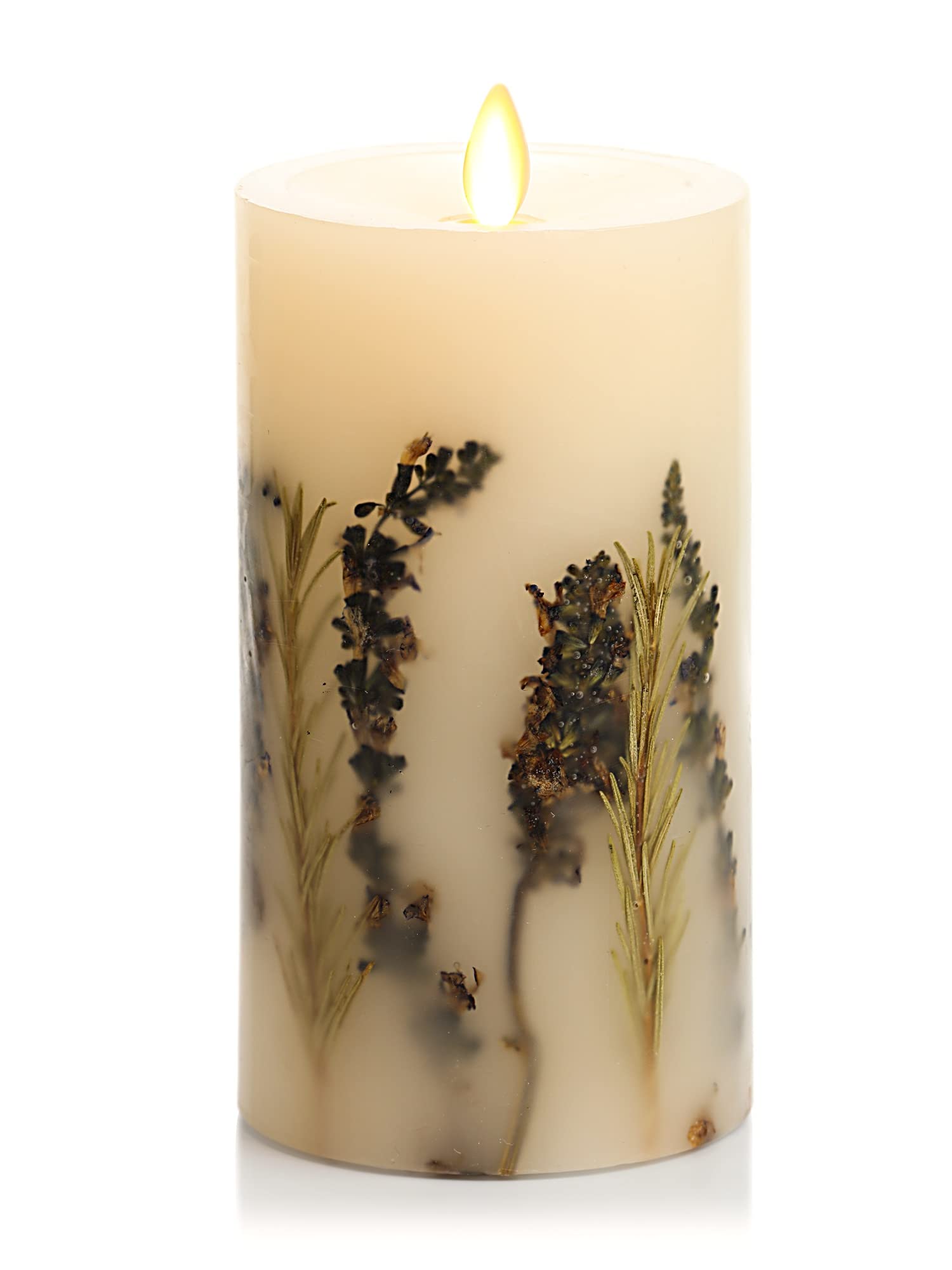 Luminara moving flame pillar candle with lavender and rosemary for cozy indoor ambience.