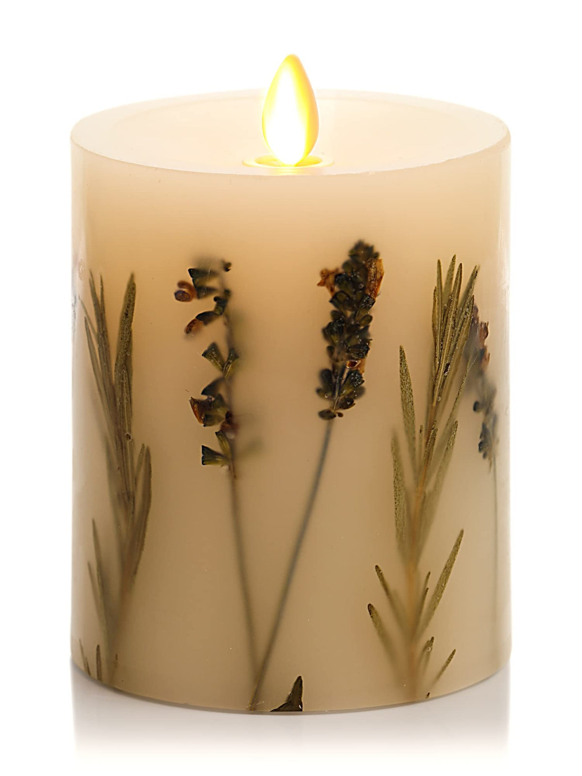 Luminara candle with lavender and rosemary for cozy ambience and safety.