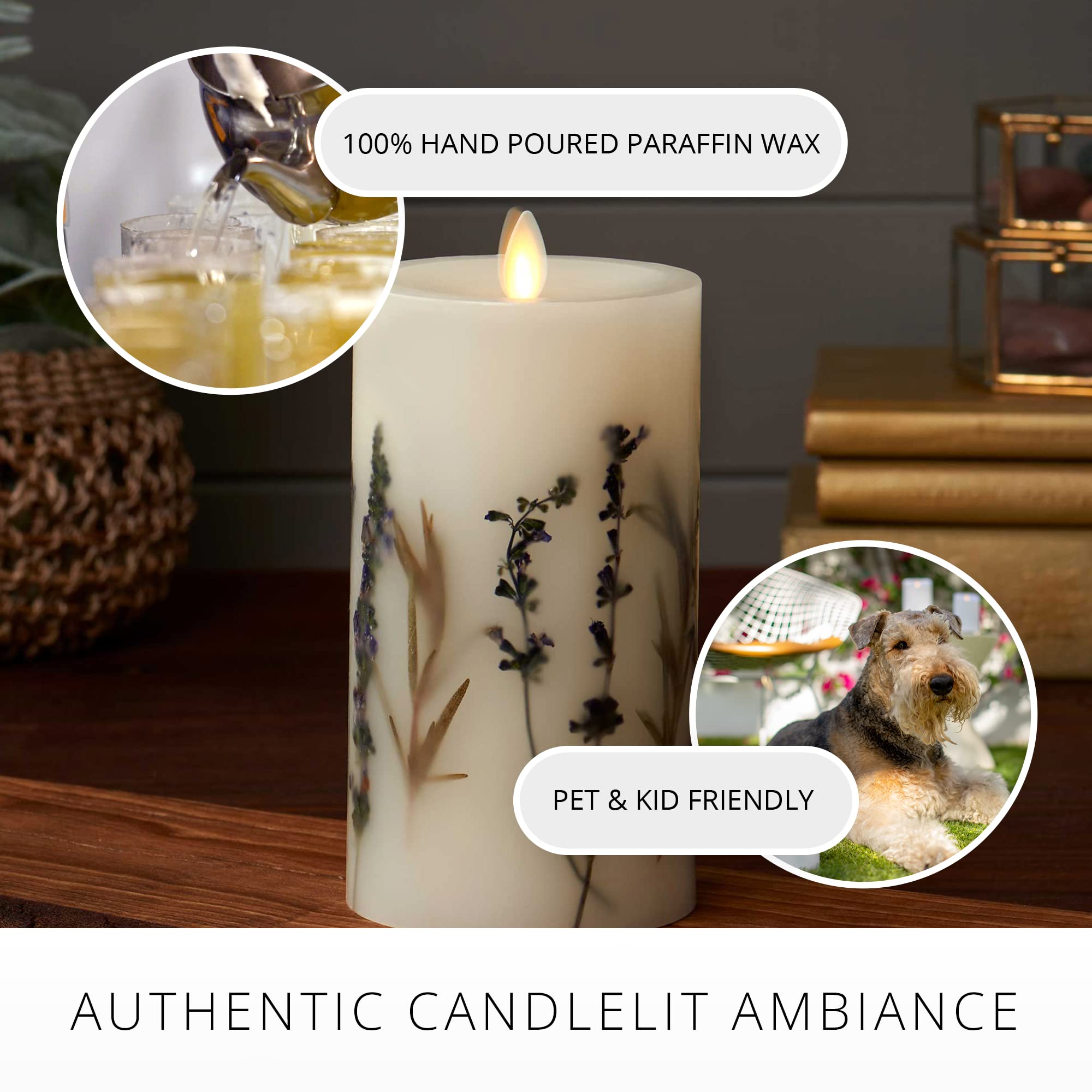 Creamy wax with real lavender and rosemary embedded in Luminara candle.