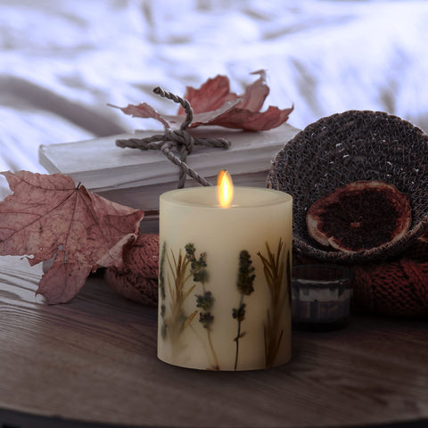 Battery-powered Luminara candle, 2 AA batteries required, remote-ready option available.