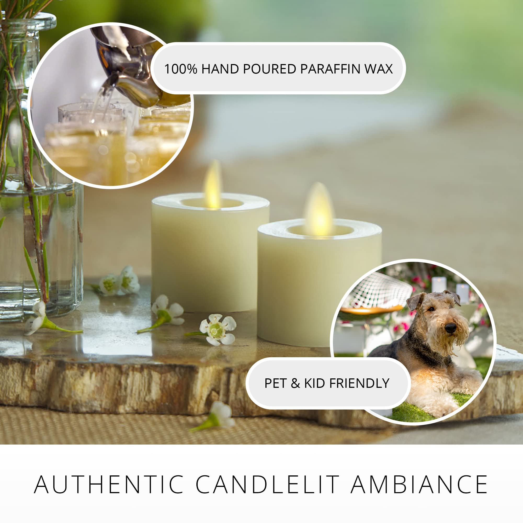 Luminara moving flame tealight ivory lit close-up shows realistic glow.