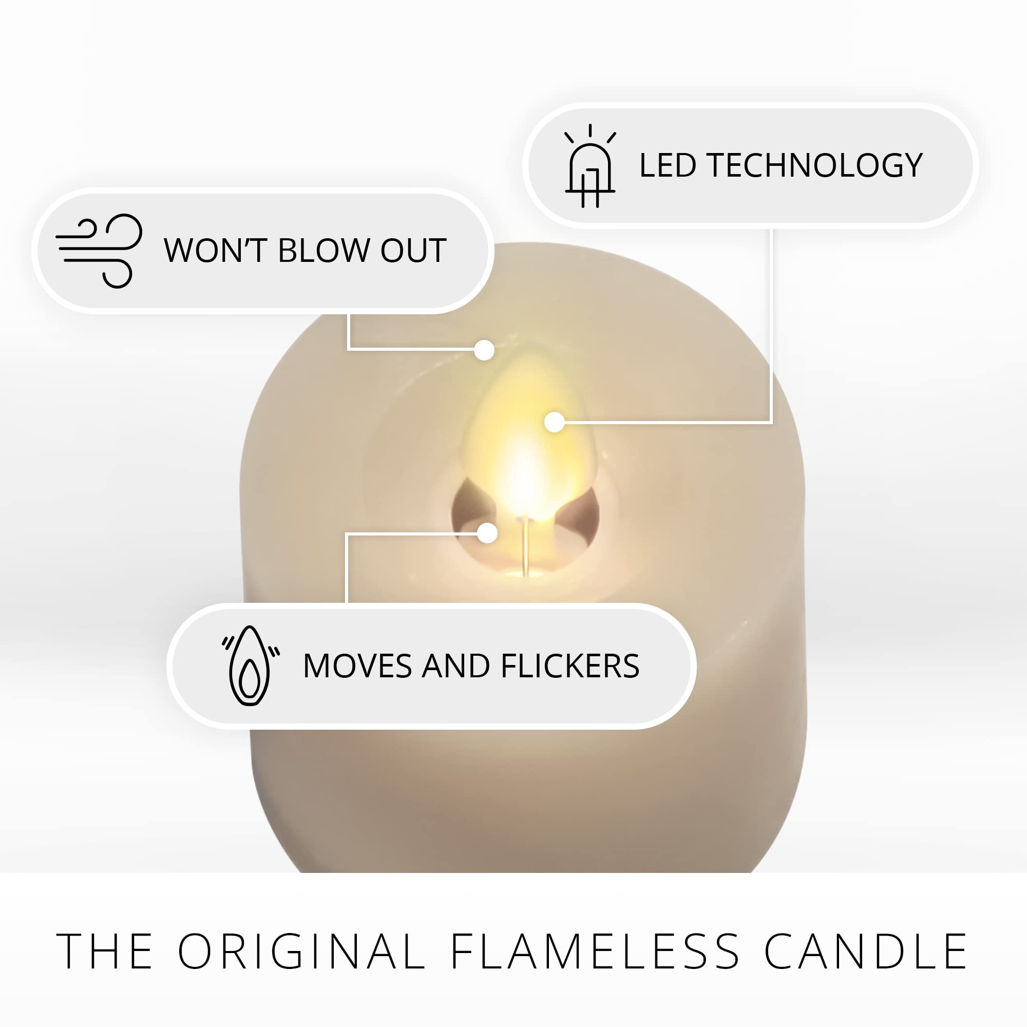 Luminara moving flame tealight ivory recessed-top view reveals decorative glow.