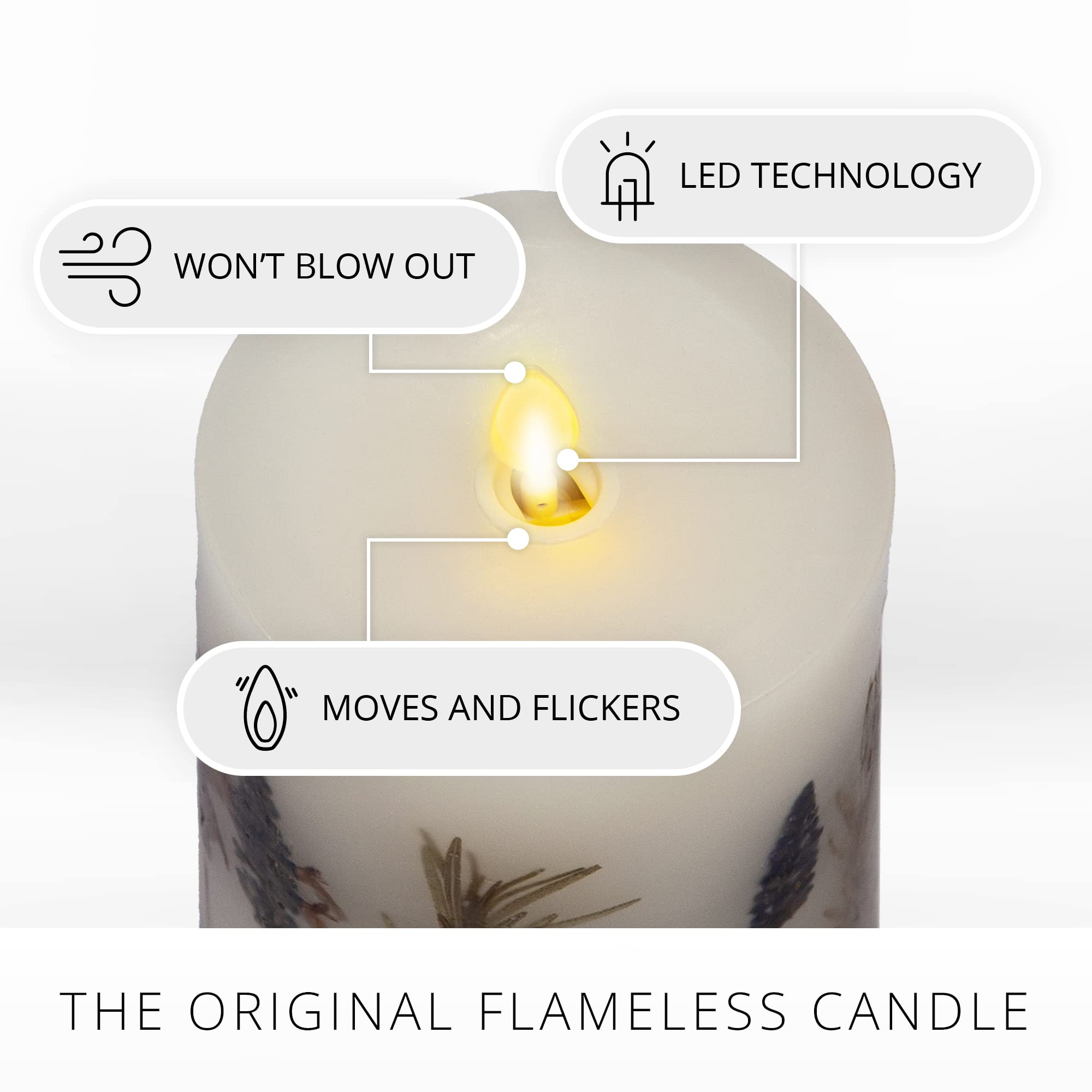 Luminara warm white flame closeup with flicker for authentic ambiance.