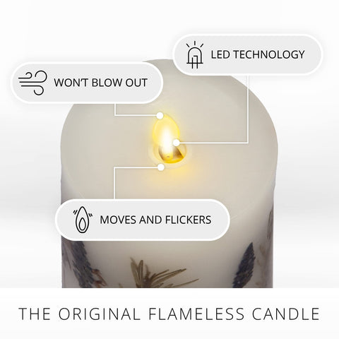 Luminara warm white flame closeup with flicker for authentic ambiance.