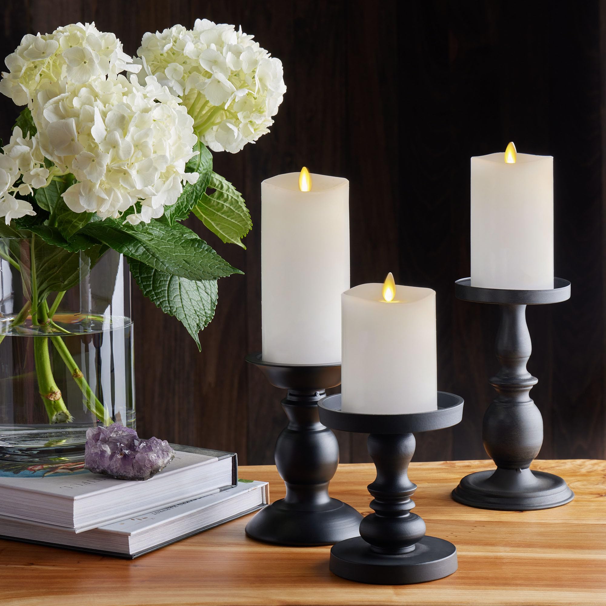 Luminara pillar candles with height variety for layered room lighting.