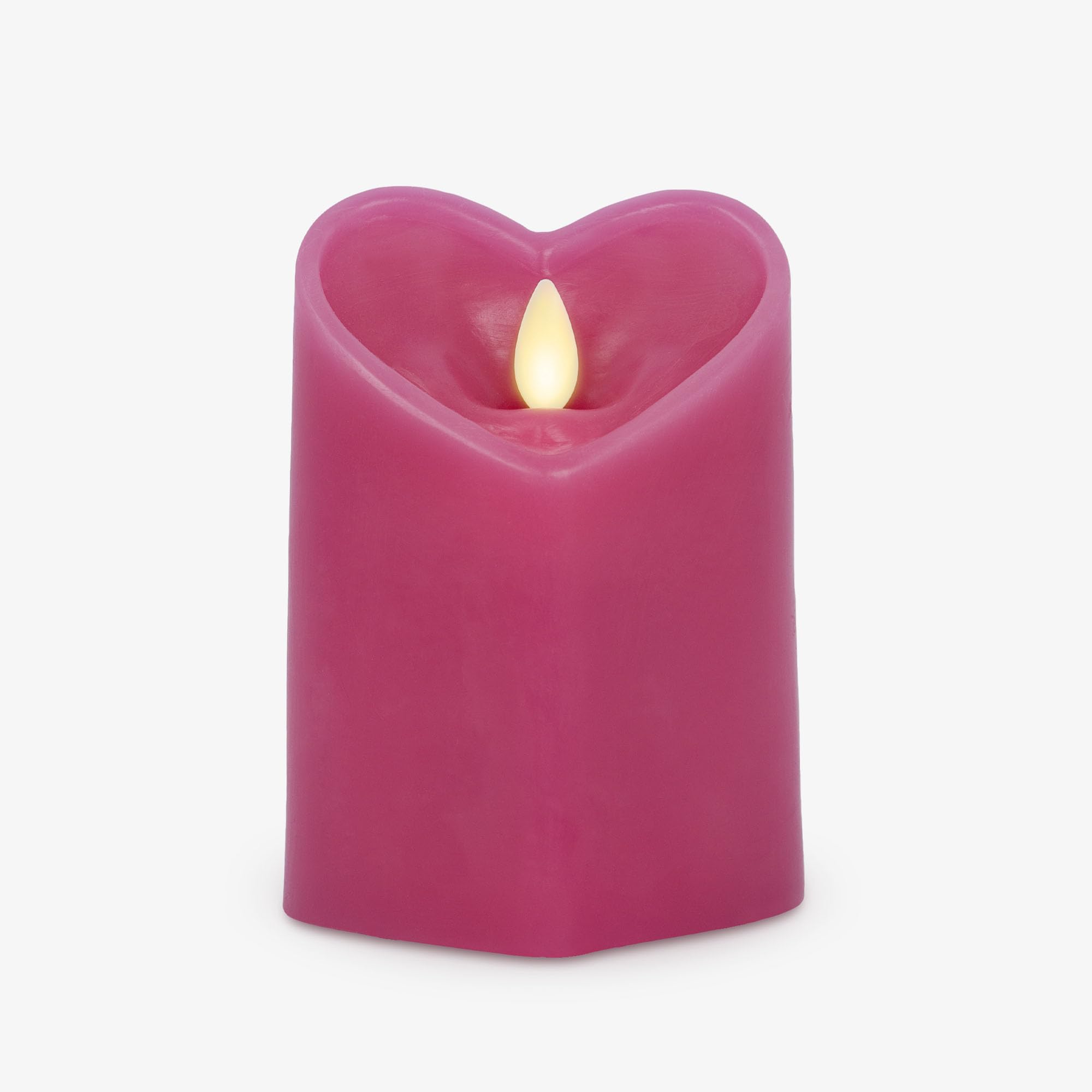 Luminara Raspberry Sorbet heart shaped pillar candle side view with warm glow
