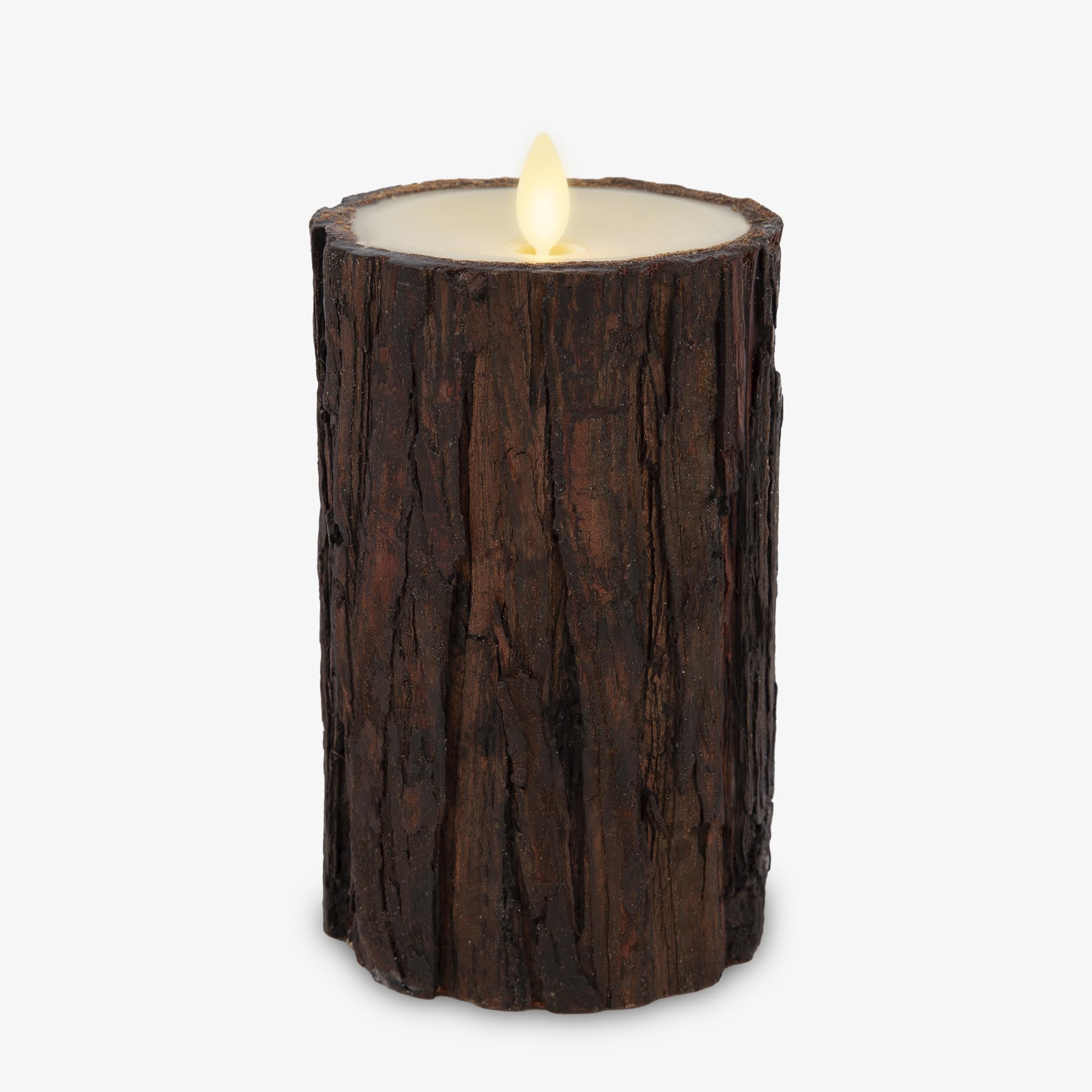 Luminara Real Bark Candle Ivory with rustic bark wrap for cozy shelf decor