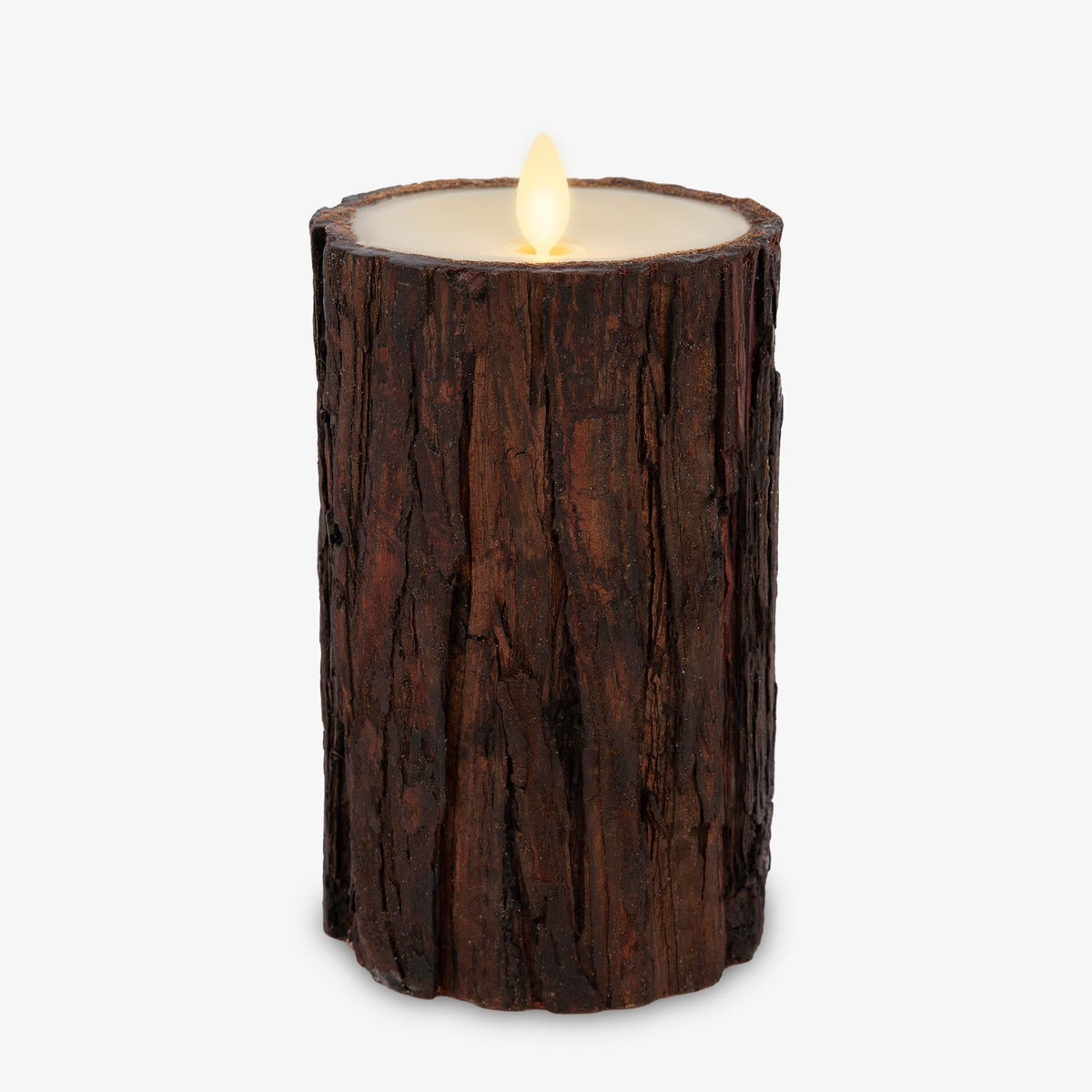 Luminara Real Bark Candle Ivory with rustic bark wrap for cozy shelf decor