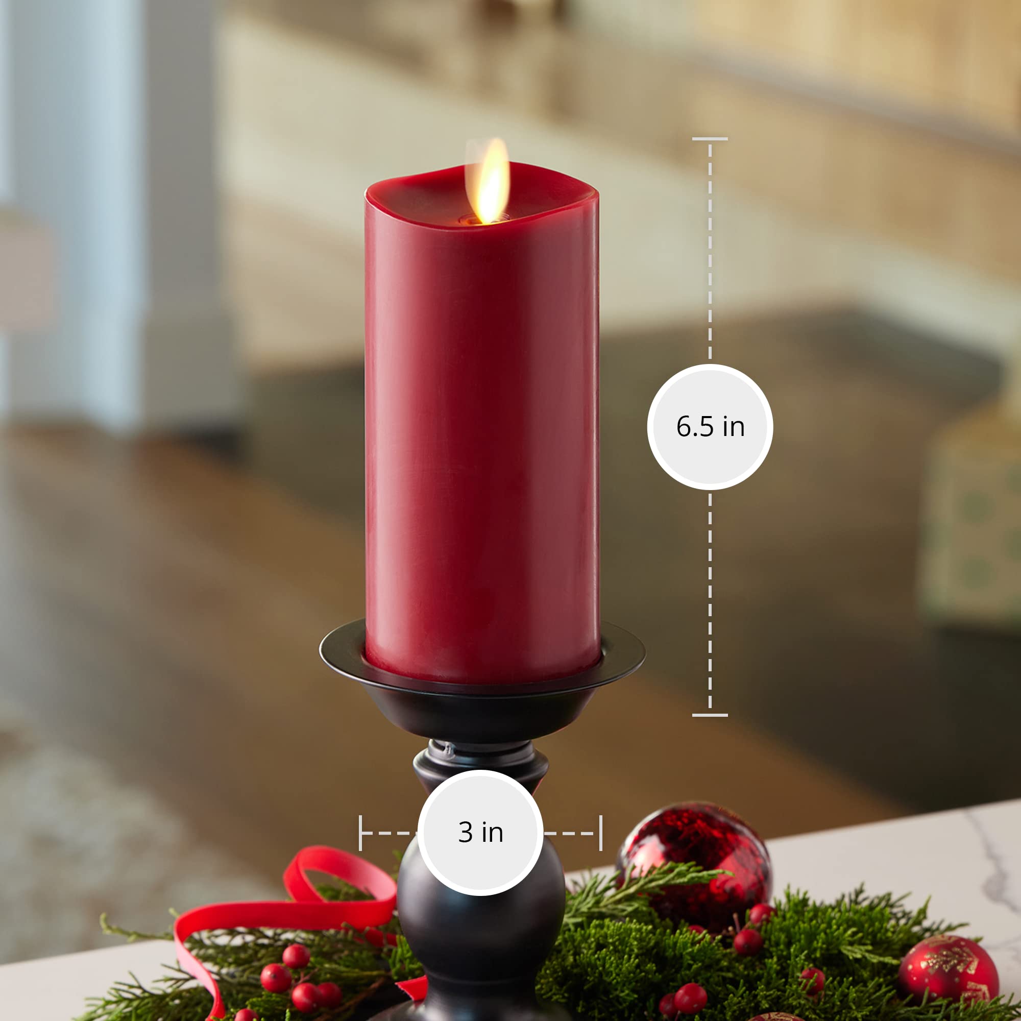 Real flame effect burgundy candle providing cozy ambience without smoke