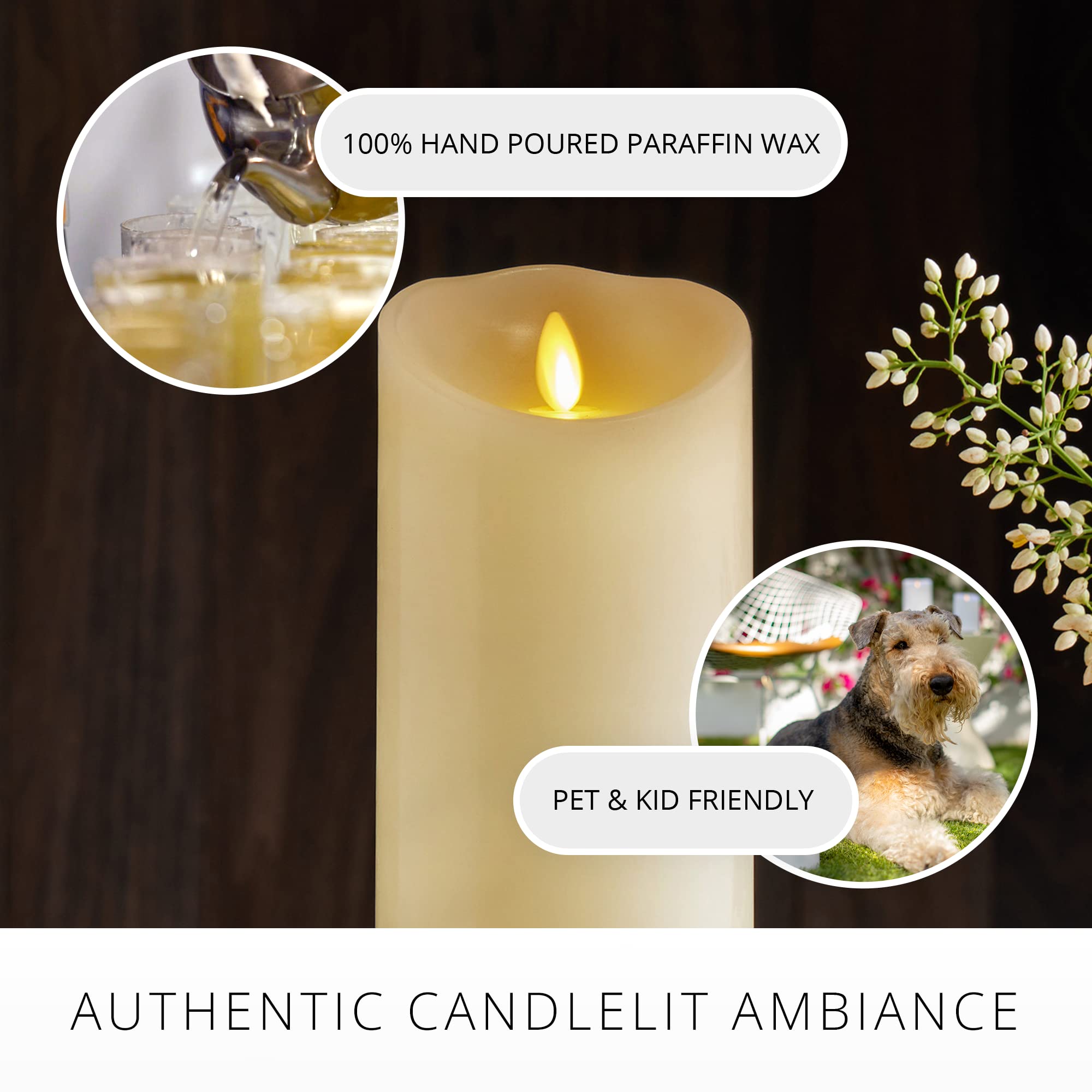 Luminara real-wax pillar ivory with lifelike moving flame.