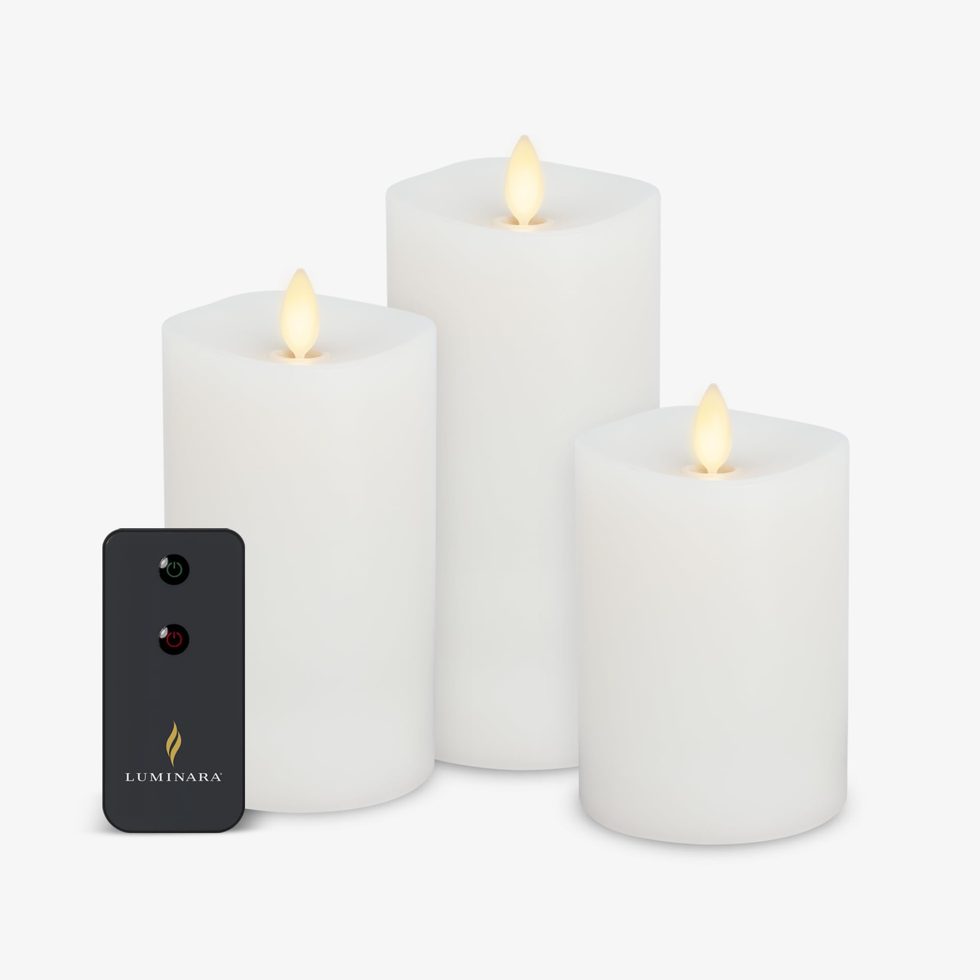 Luminara three-piece flameless candle set in white for safe, year-round ambiance.
